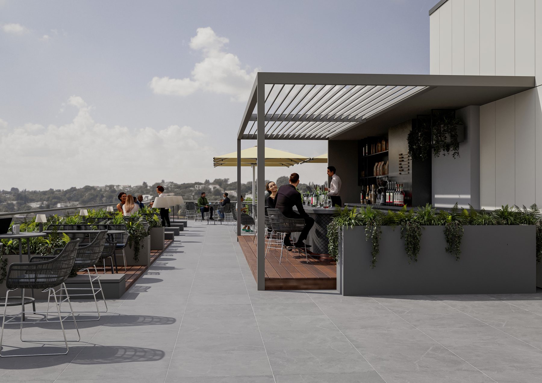 Terrasse aménagée sous pergola au niveau +5
